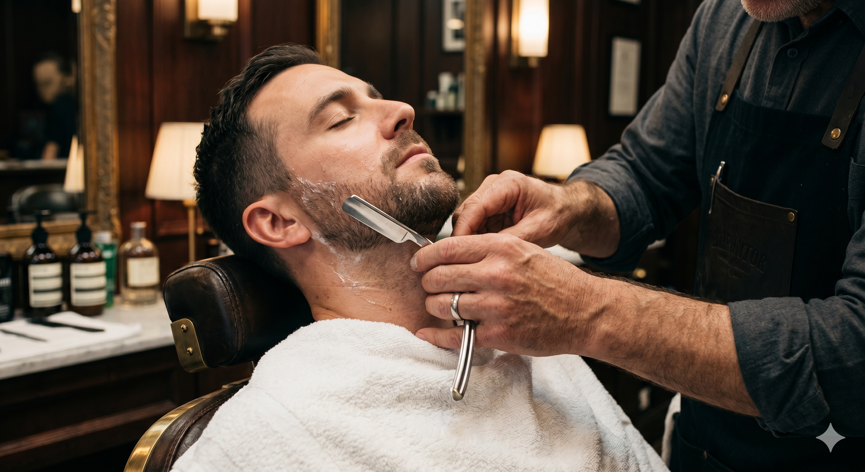 Ritual de barba com navalha em atendimento premium.